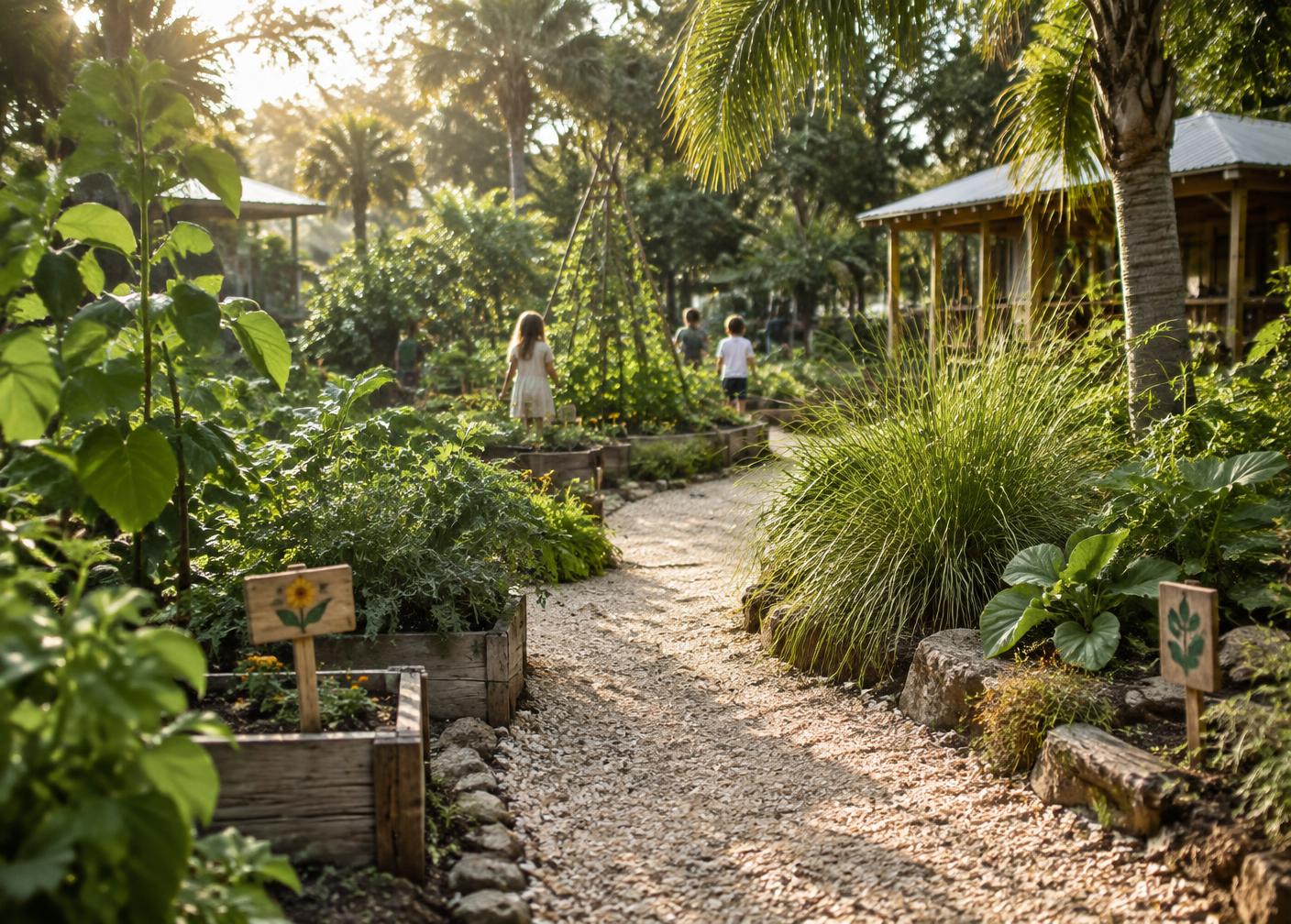 A winding path through raised garden beds and native planting