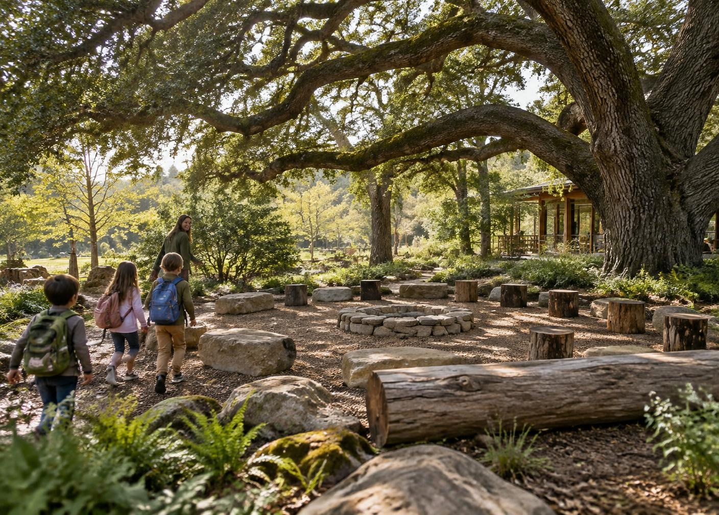 Children arriving at an outdoor gathering circle beneath a live oak