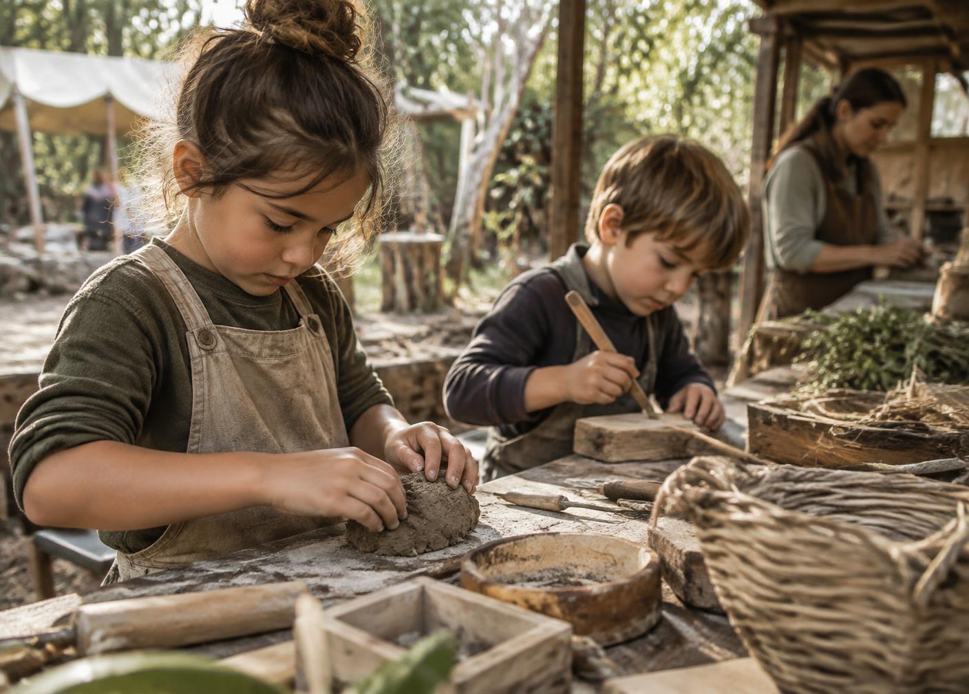 Children shaping clay at an open-air maker bench