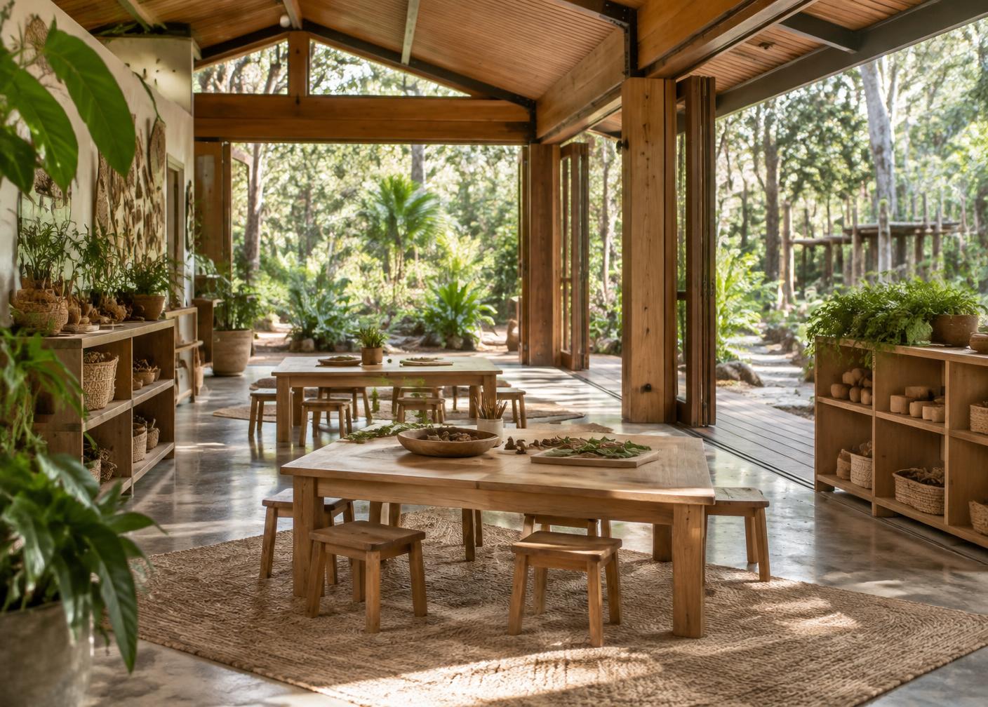 An open-air timber learning pavilion with child-sized worktables