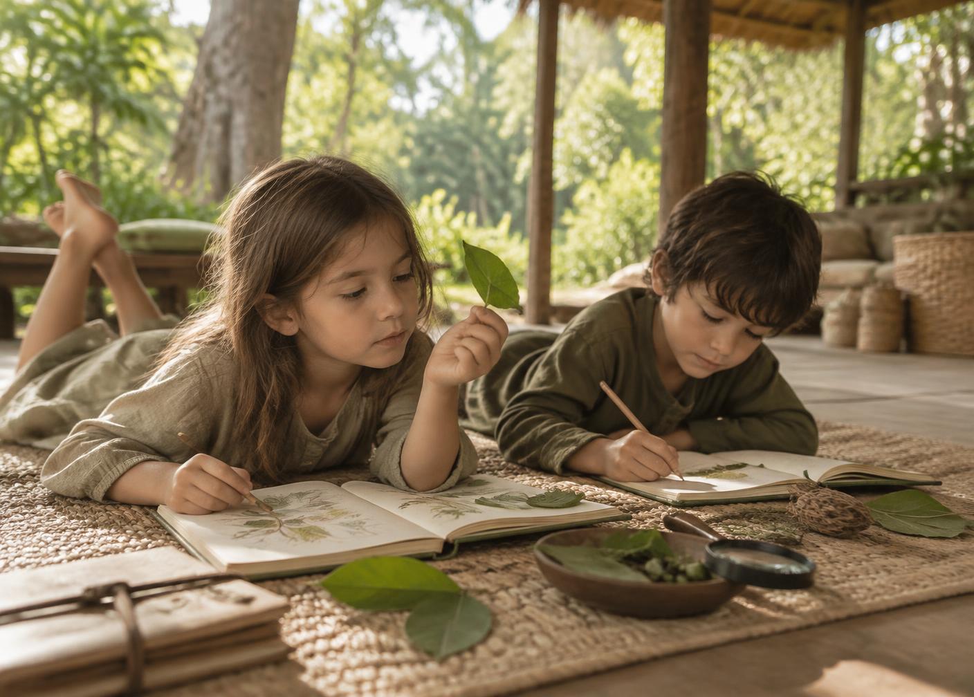 Children drawing leaves in nature journals during quiet reflection