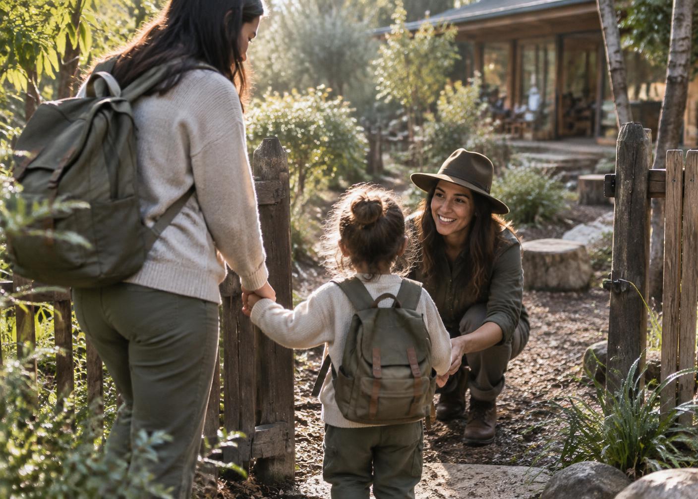 A child arriving through the garden gate with a parent
