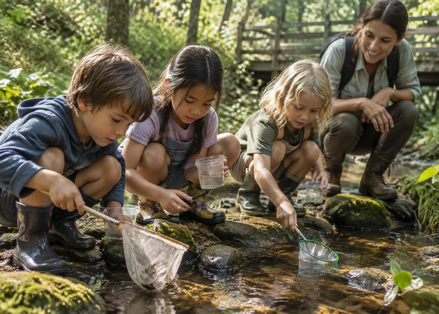 Children observing life in a shallow garden creek