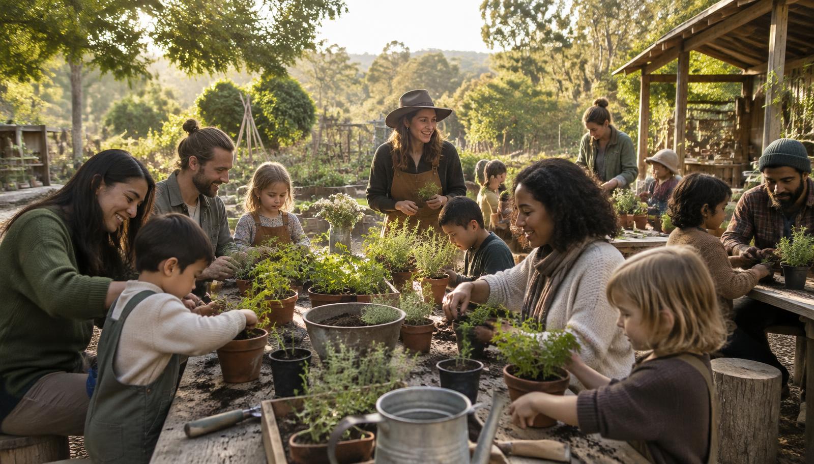 Parents and children potting herbs together at an outdoor garden workshop