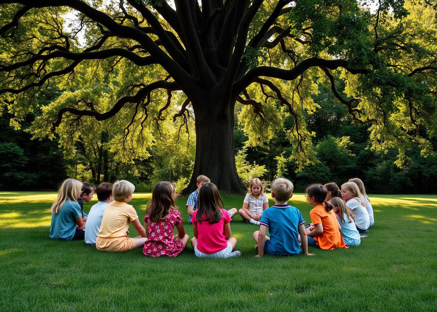 Children gathering beneath a large tree