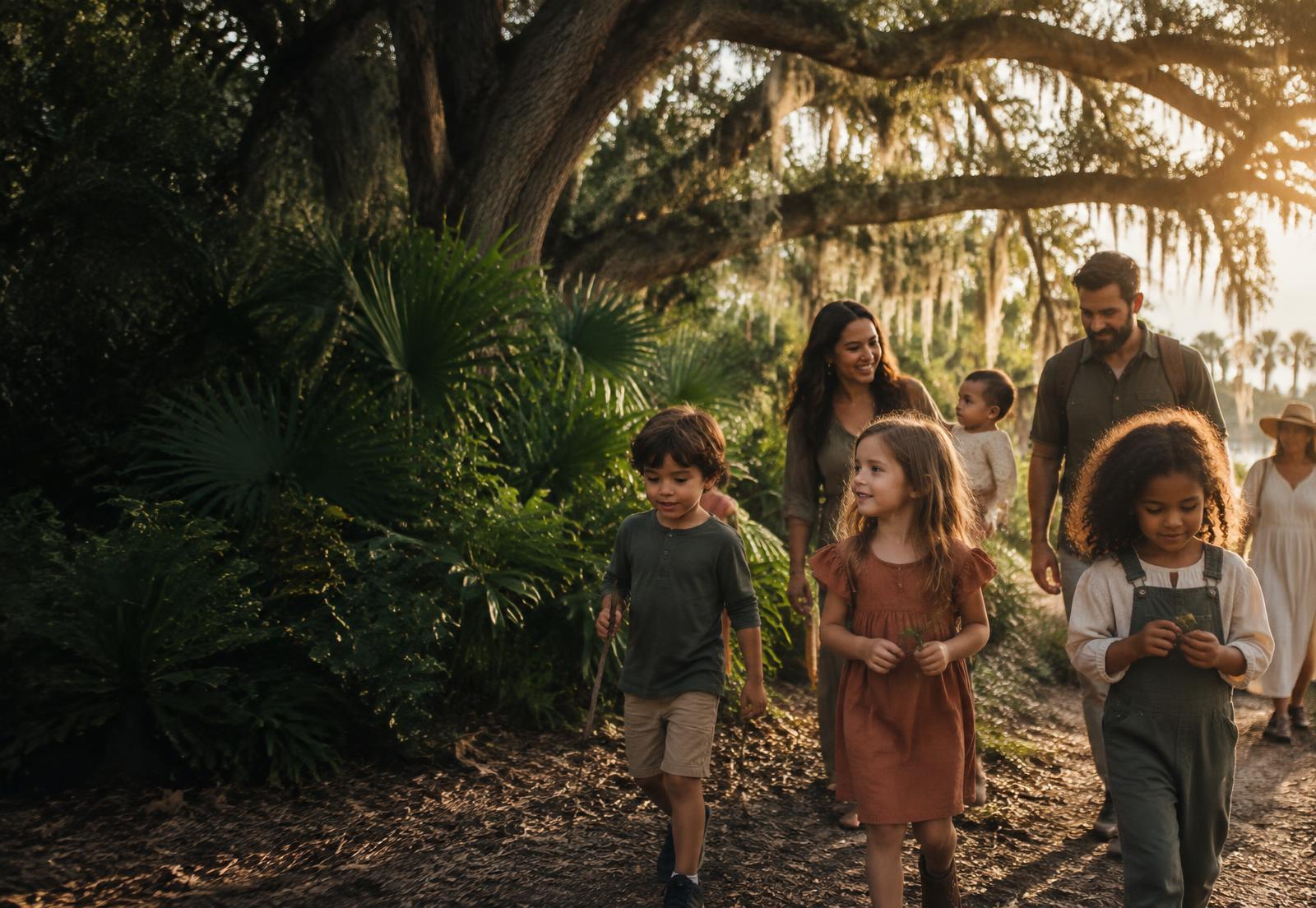 Children and families walking together beneath a live oak in late afternoon light