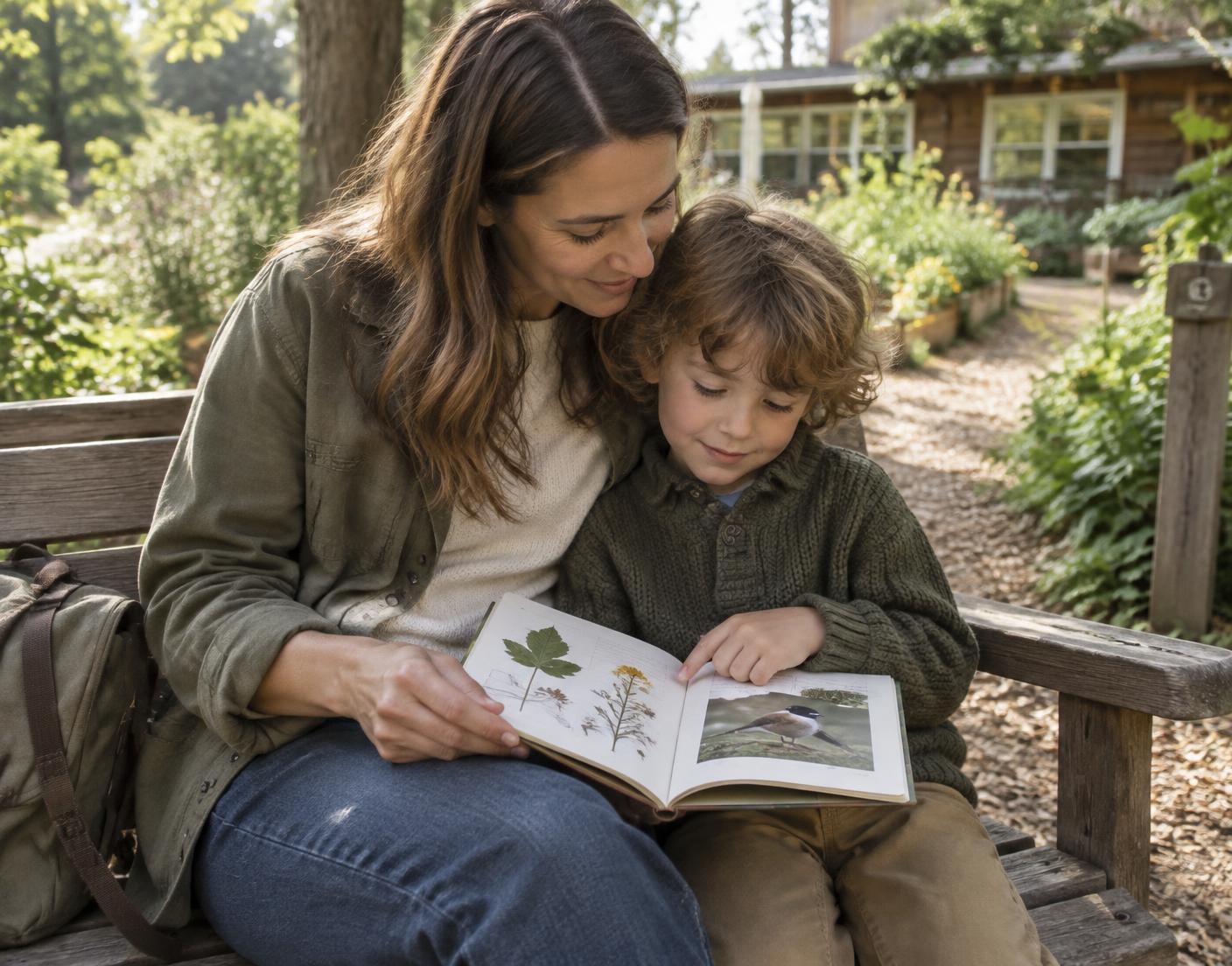 A parent and child sharing a nature journal in the campus garden