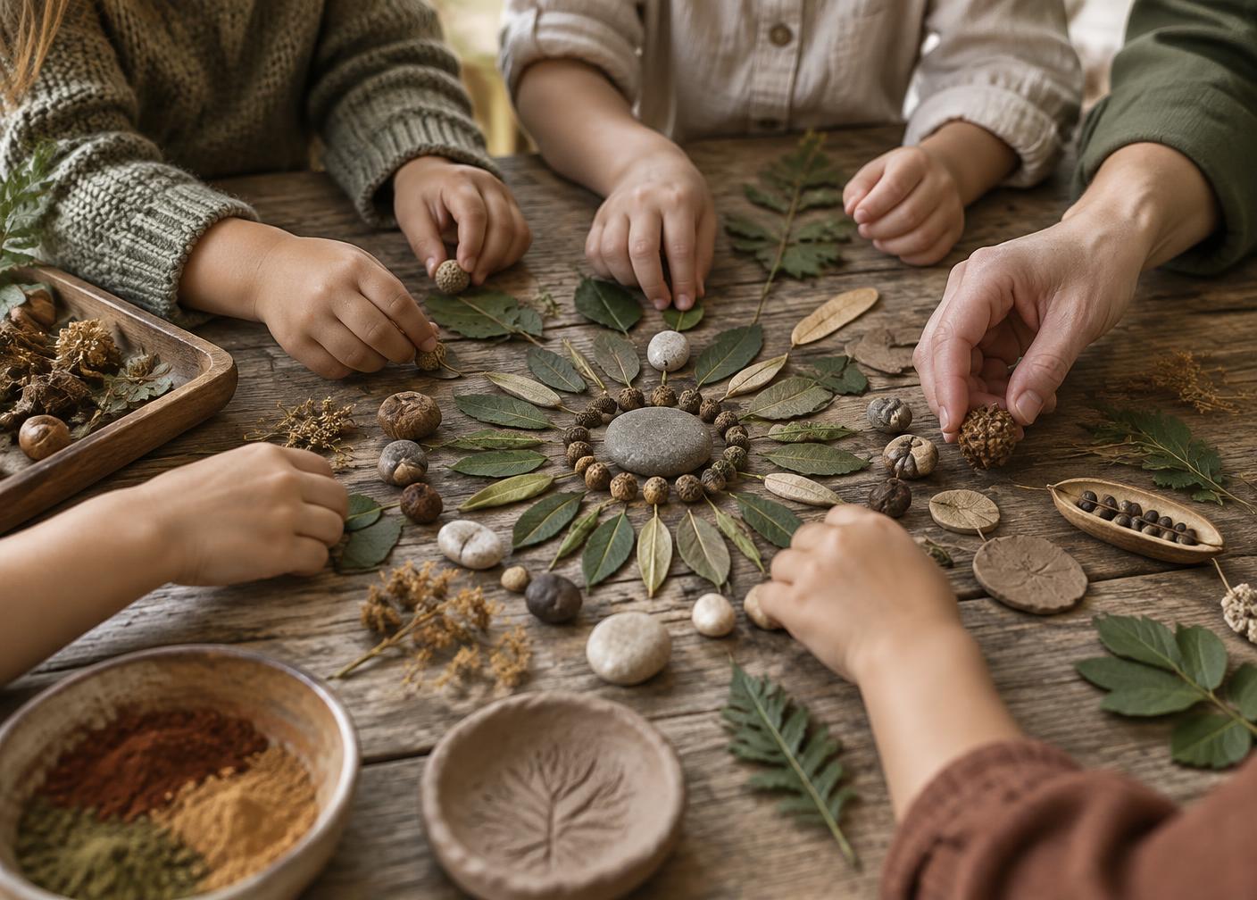 Children arranging leaves, stones and seed pods with an educator