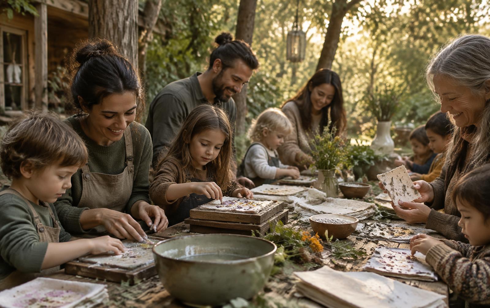 Children, families and educators making seed paper together outdoors