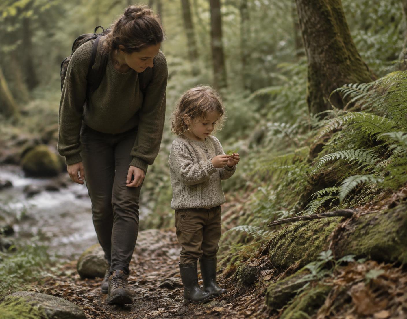 An educator walking beside a child who pauses to study a leaf