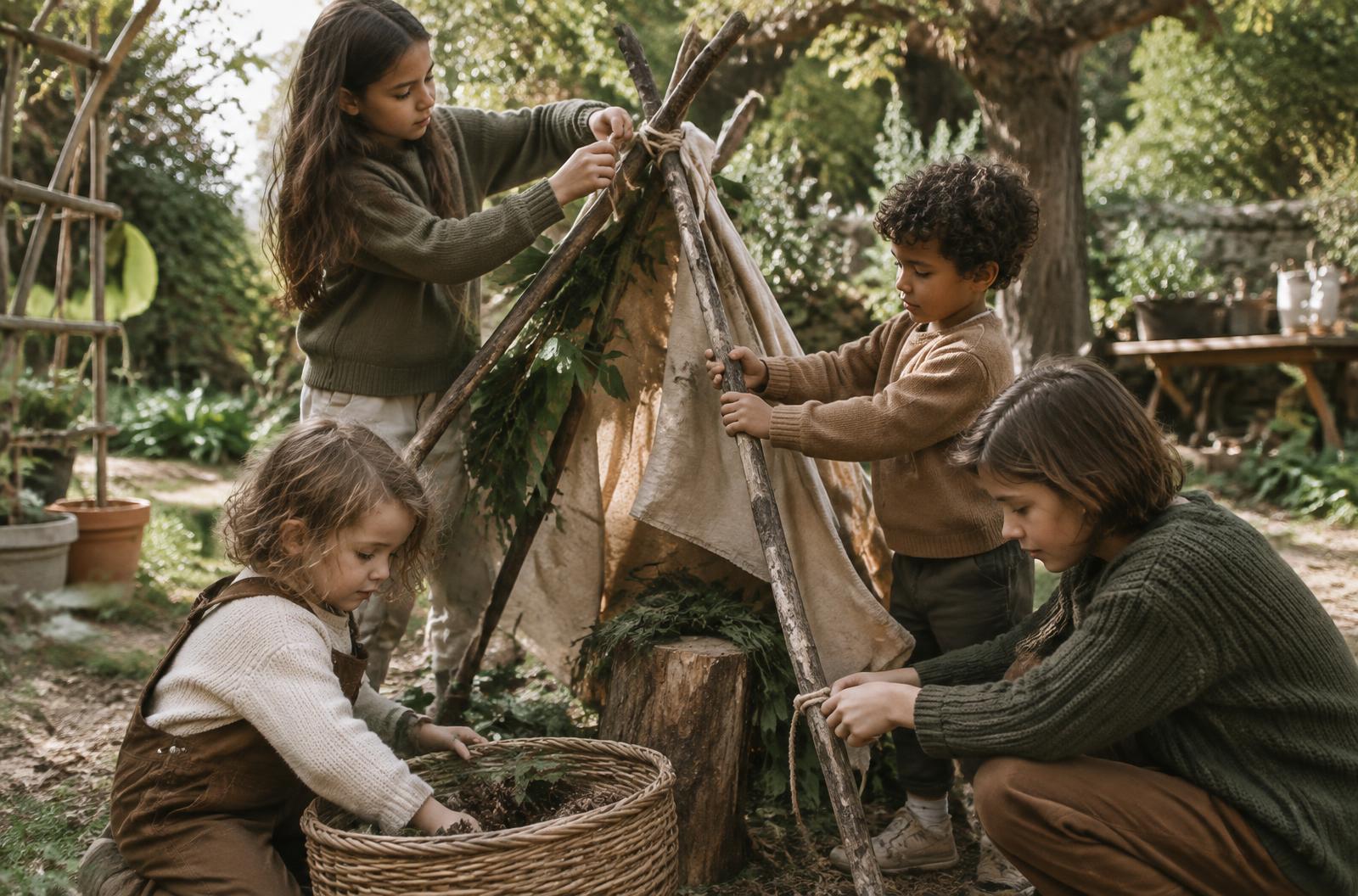 Children of different ages building a shelter together outdoors