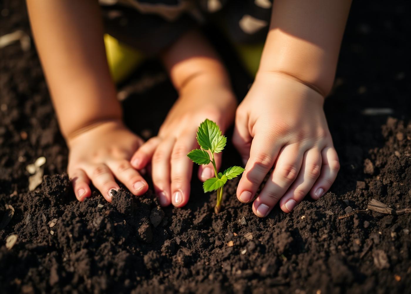 A child's hands planting a seedling in dark soil
